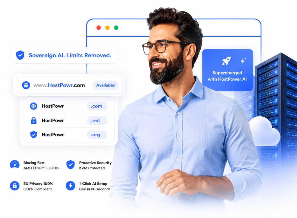 HostPowr domain search with available HostPowr.com results, HostPower AI, and EU hosting benefits